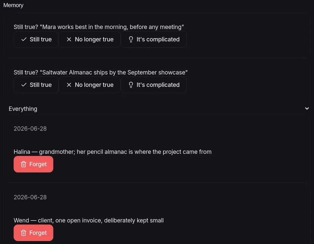 The Maios memory view asking whether remembered facts are still true, with a Forget button on each