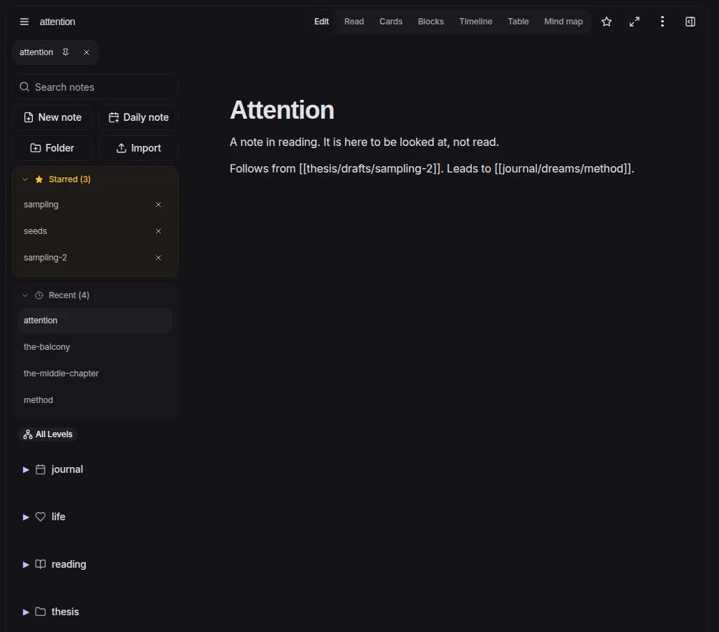 The Maios notes editor: a note with wikilinks, starred and recent notes, and a folder tree